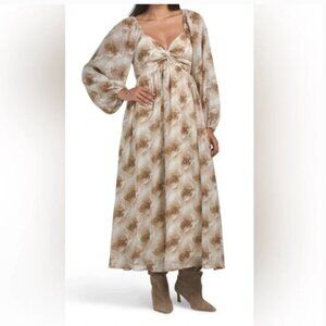 NWT IN FEBRUARY Brown Cream Rose Print Chiffon Maxi Dress with Pockets Size XS